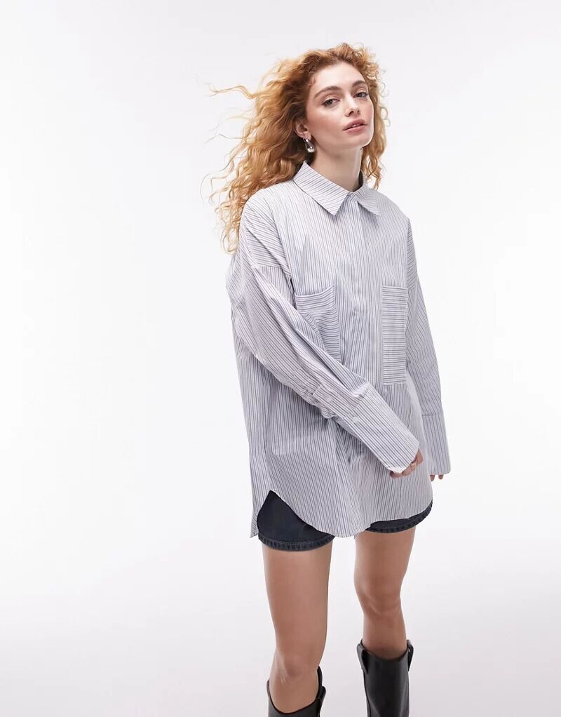 

Рубашка оверсайз Topshop в синюю полоску с широкими манжетами