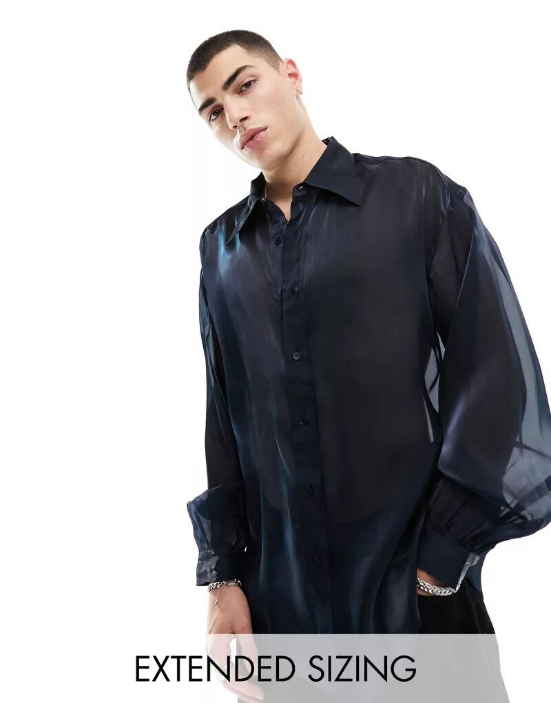 Рубашка оверсайз из синей двухцветной органзы с объемными рукавами ASOS