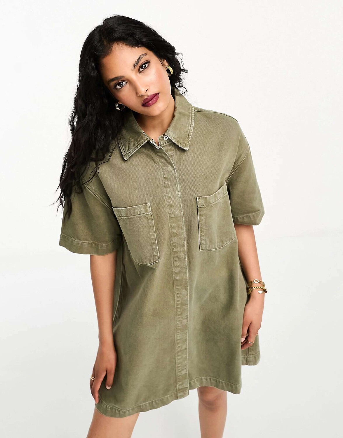 

Джинсовое платье-рубашка с короткими рукавами ASOS цвета хаки