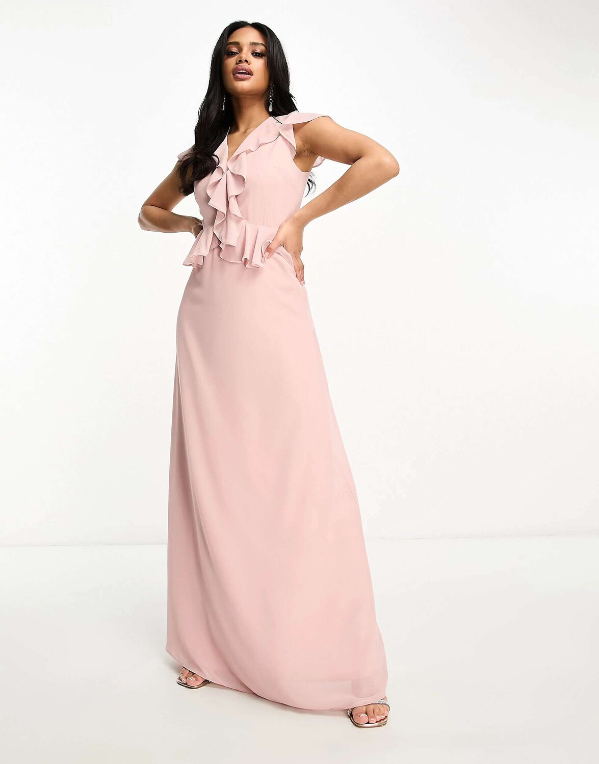 

Тифоновое платье макси TFNC Bridesmaid с оборками розовато-лилового цвета, Розовый