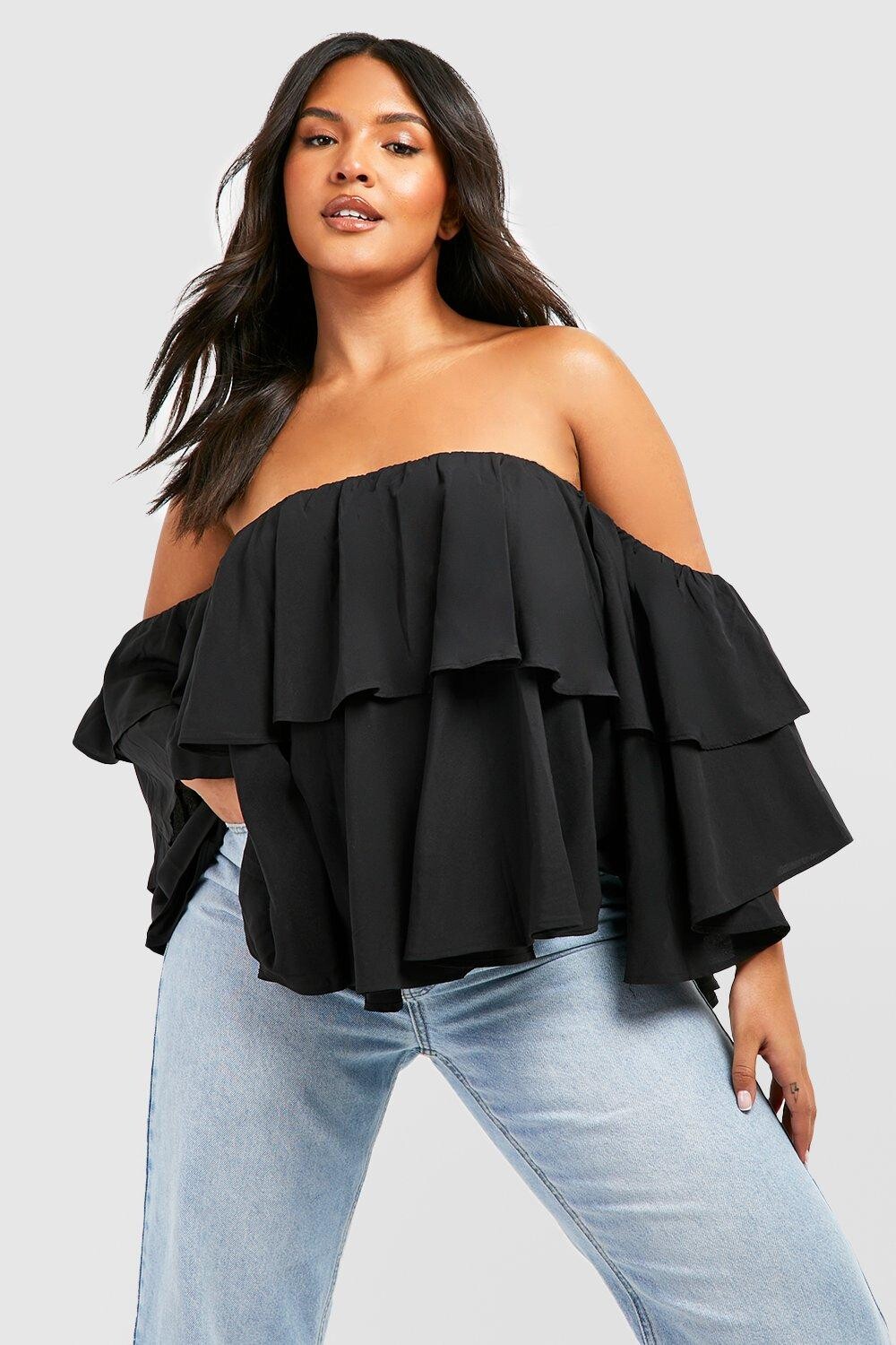 

Топ с открытыми плечами и баской с орбками Boohoo, черный