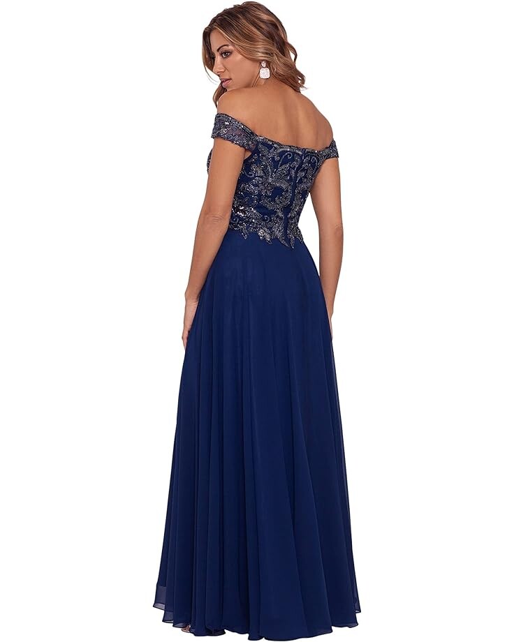 

Платье XSCAPE Long Off-the-Shoulder Chiffon with Bead Top, темно-синий