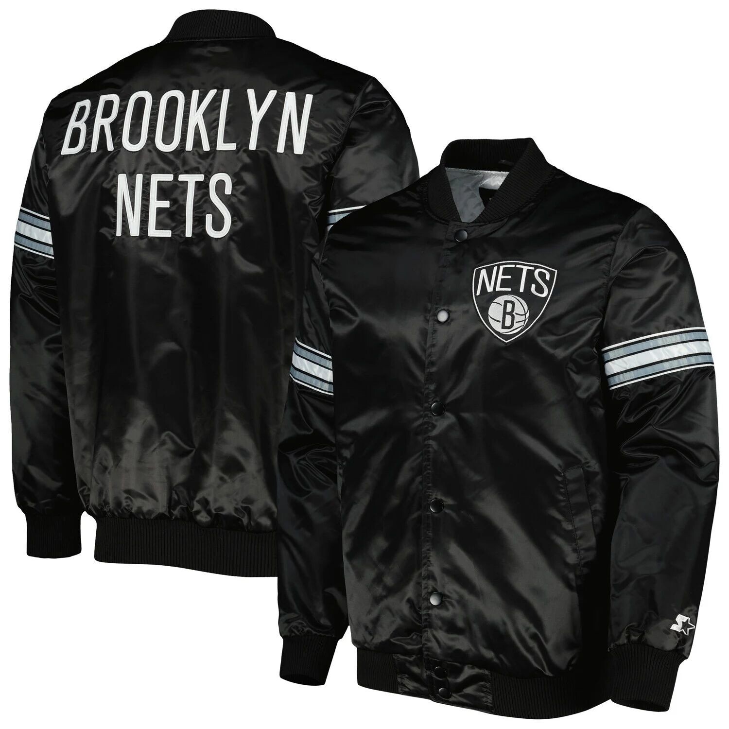 

Мужская черная атласная университетская куртка с застежкой Brooklyn Nets Pick & Roll Starter, Черный