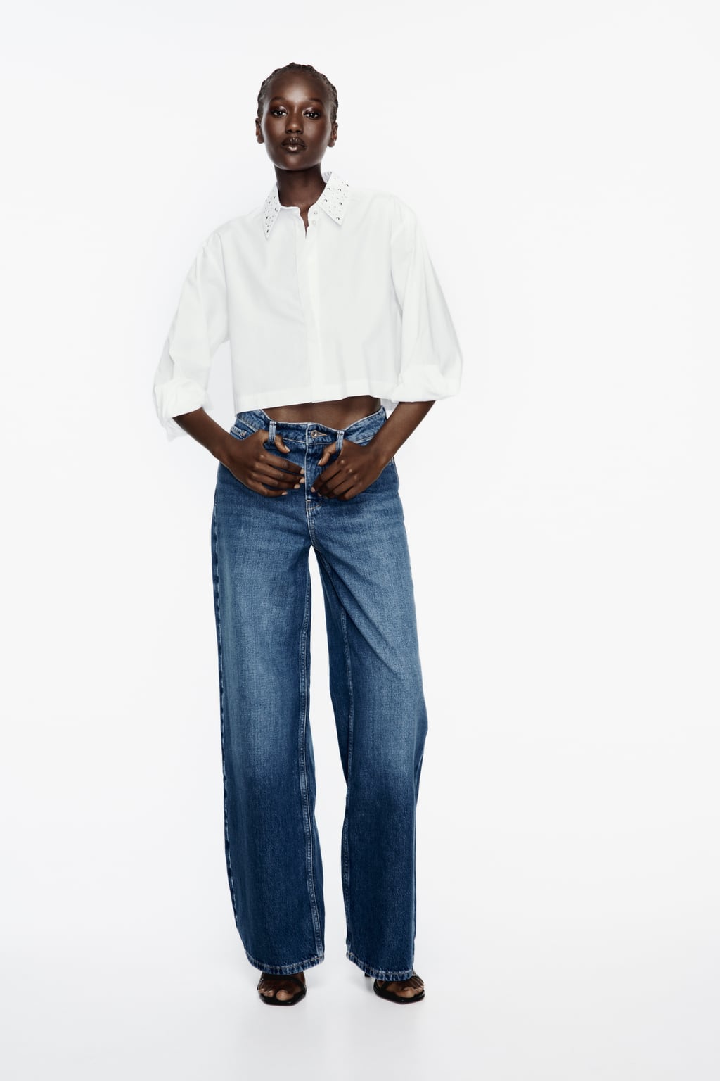 

Укороченная рубашка из поплина с заклепками ZARA, белый