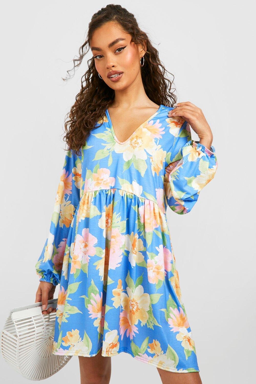 

Платье с цветочным погружением Boohoo, синий