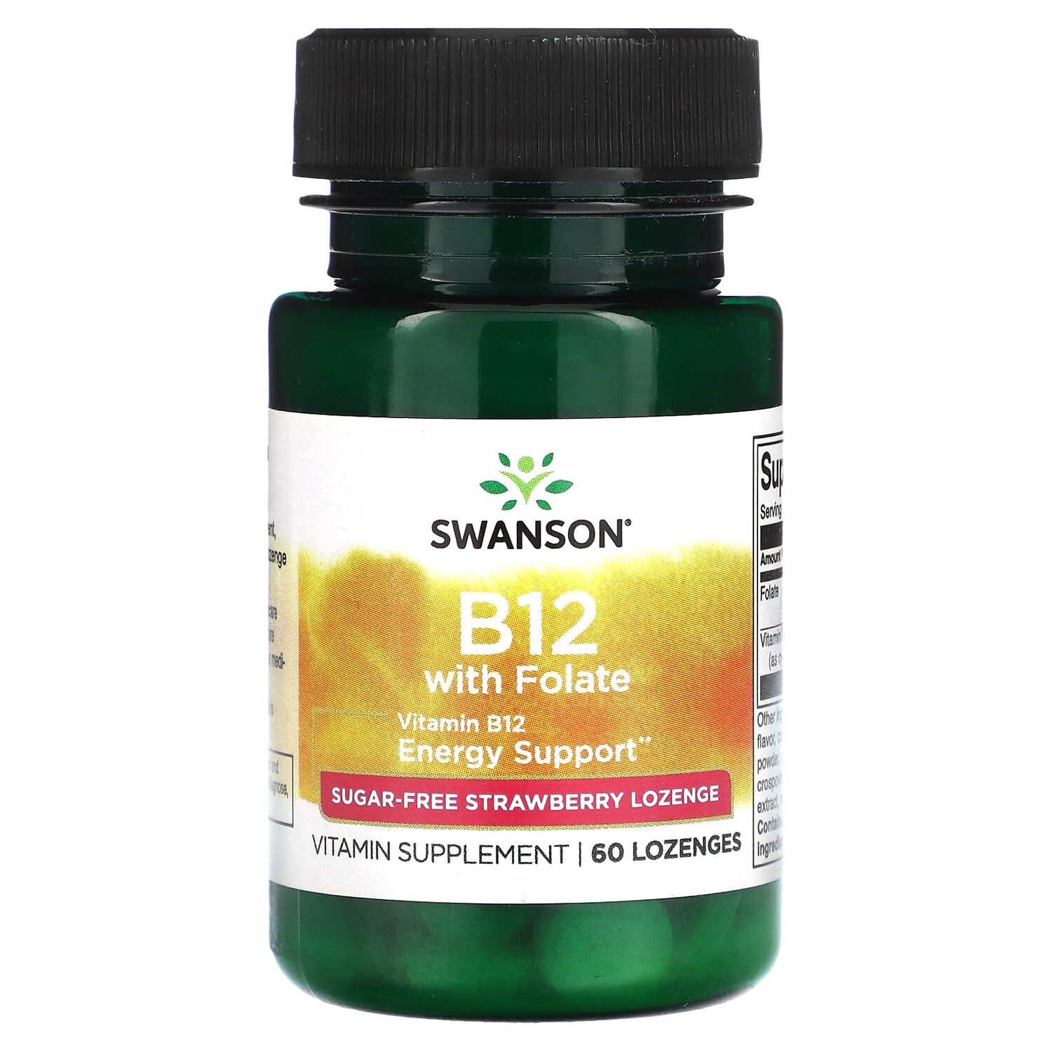 

Витамин B12 с фолатом, без сахара, клубника, 60 пастилок, Swanson