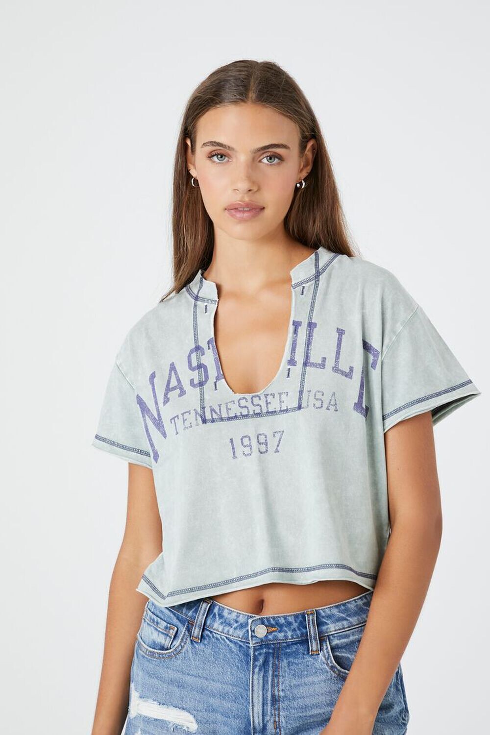 

Укороченная футболка с графическим рисунком Nashville Forever 21, шалфей