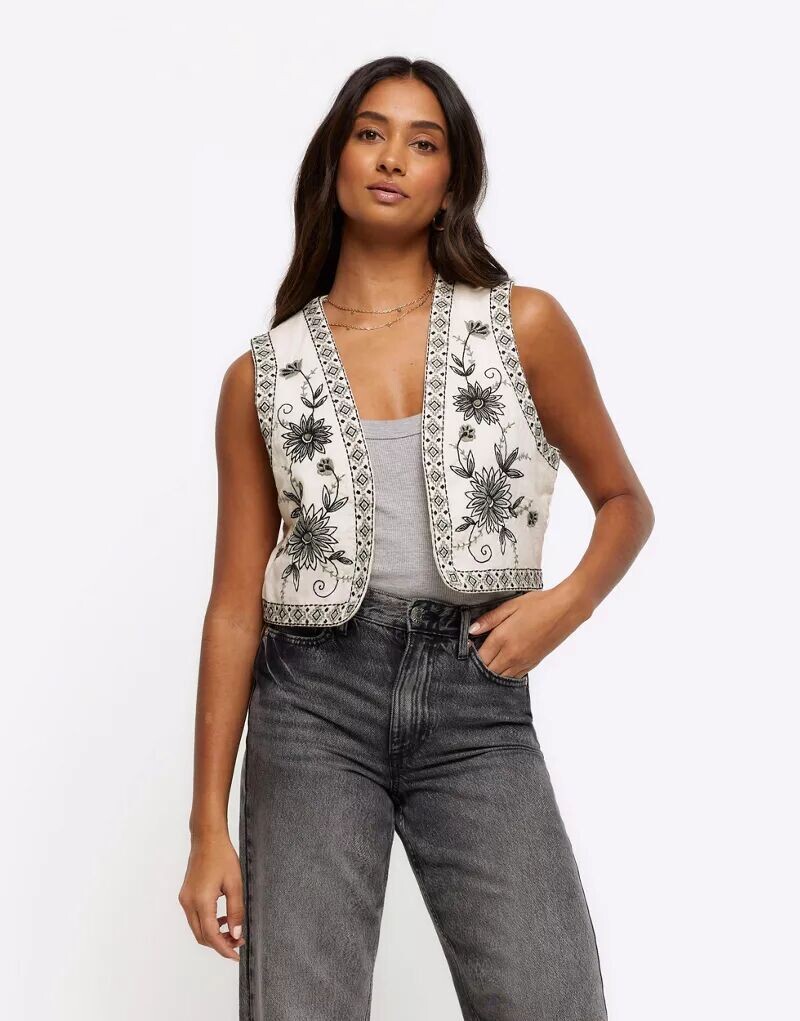 

Кремовый жилет с цветочной вышивкой River Island