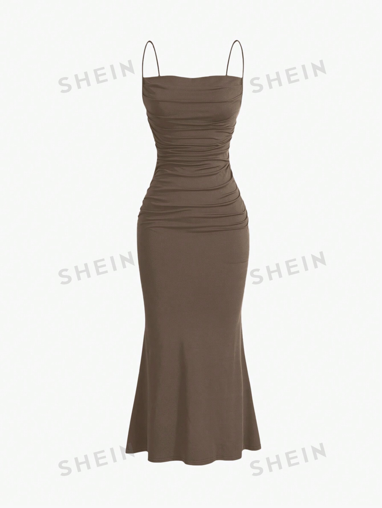 SHEIN MOD однотонное плиссированное платье с ремешками и подолом «рыбий хвост», кофе цена и фото