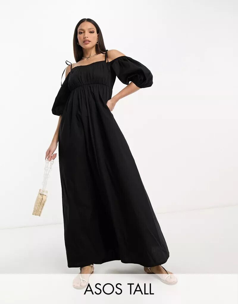 

Черное хлопковое платье макси с открытыми плечами и рюшами на груди ASOS DESIGN Tall