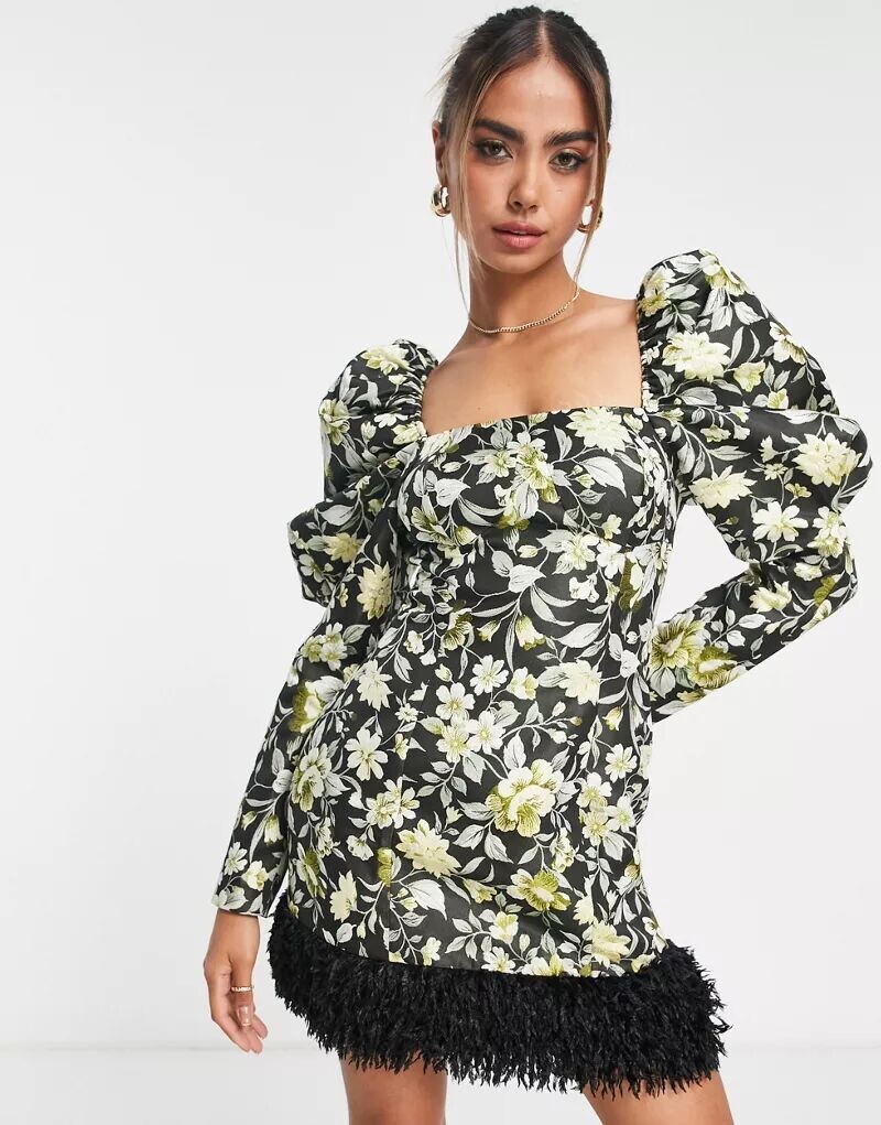 

Жаккардовое мини-платье Miss Selfridge для особых случаев с цветочным принтом и отделкой из искусственного меха
