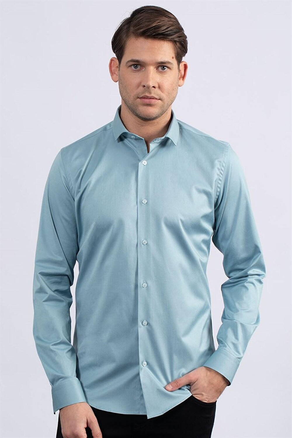 

Мужская синяя рубашка Slim Fit из лайкры и хлопка, атласа TUDORS, синий