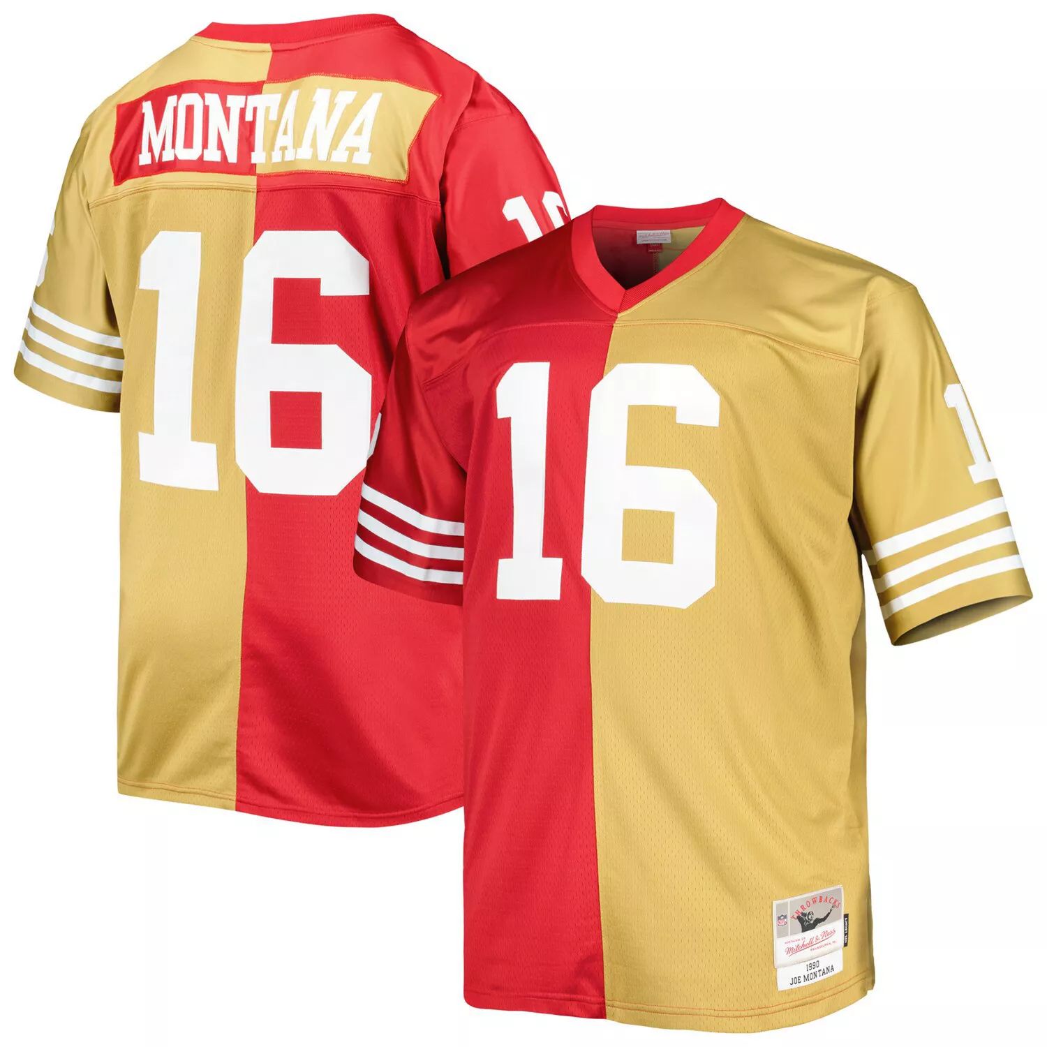 Мужская футболка Mitchell & Ness Joe Montana Scarlet/Gold San Francisco 49ers Big & Tall Split Legacy Retired Player, реплика Джерси