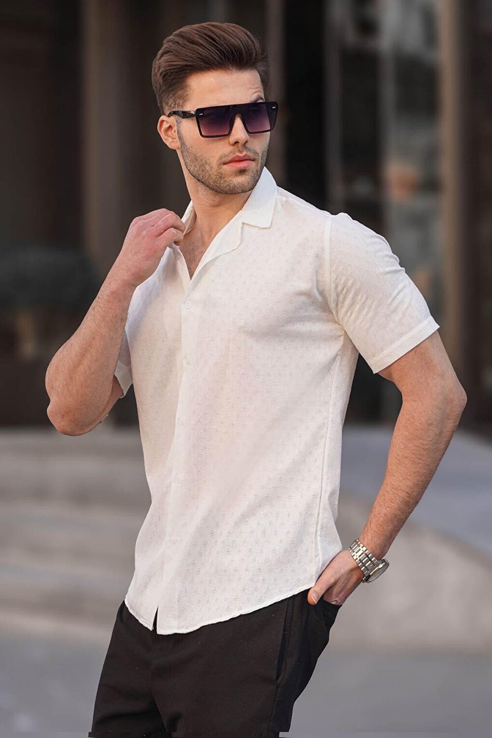 

Белая мужская рубашка Slim Fit с коротким рукавом из 100% хлопка 5585 MADMEXT