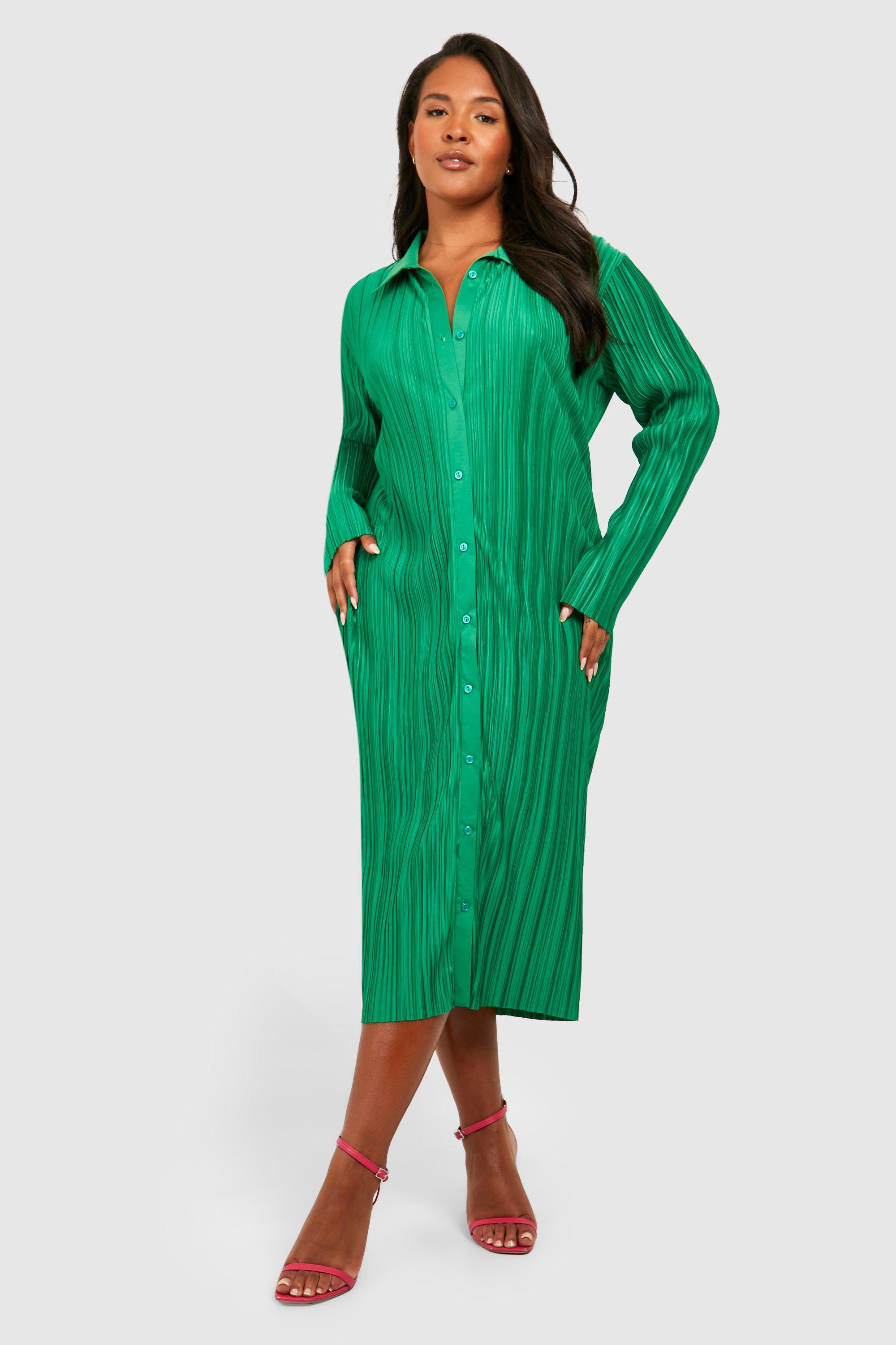 Платье-рубашка миди с плиссой Boohoo, зеленый