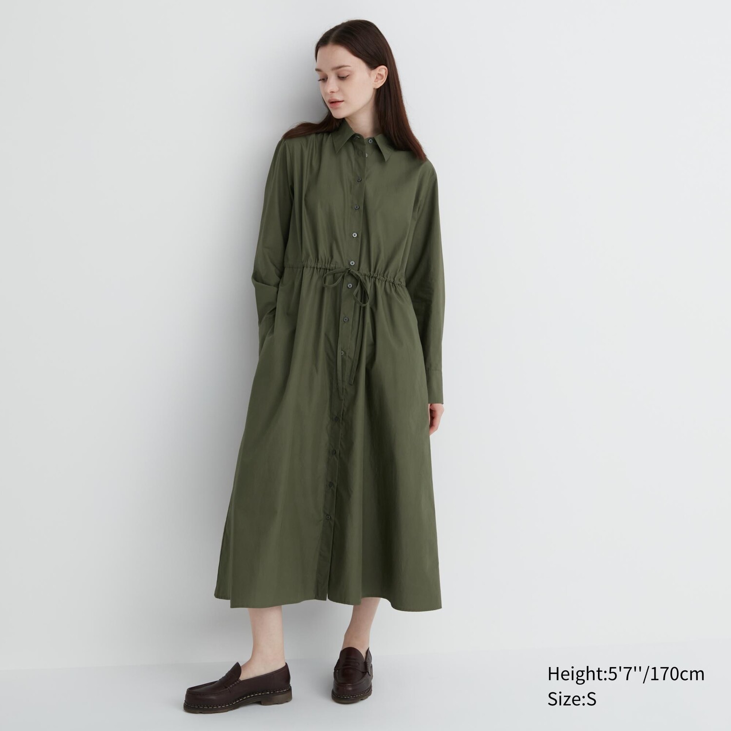

Хлопковое платье-рубашка с длинными рукавами Uniqlo, темно-зеленый
