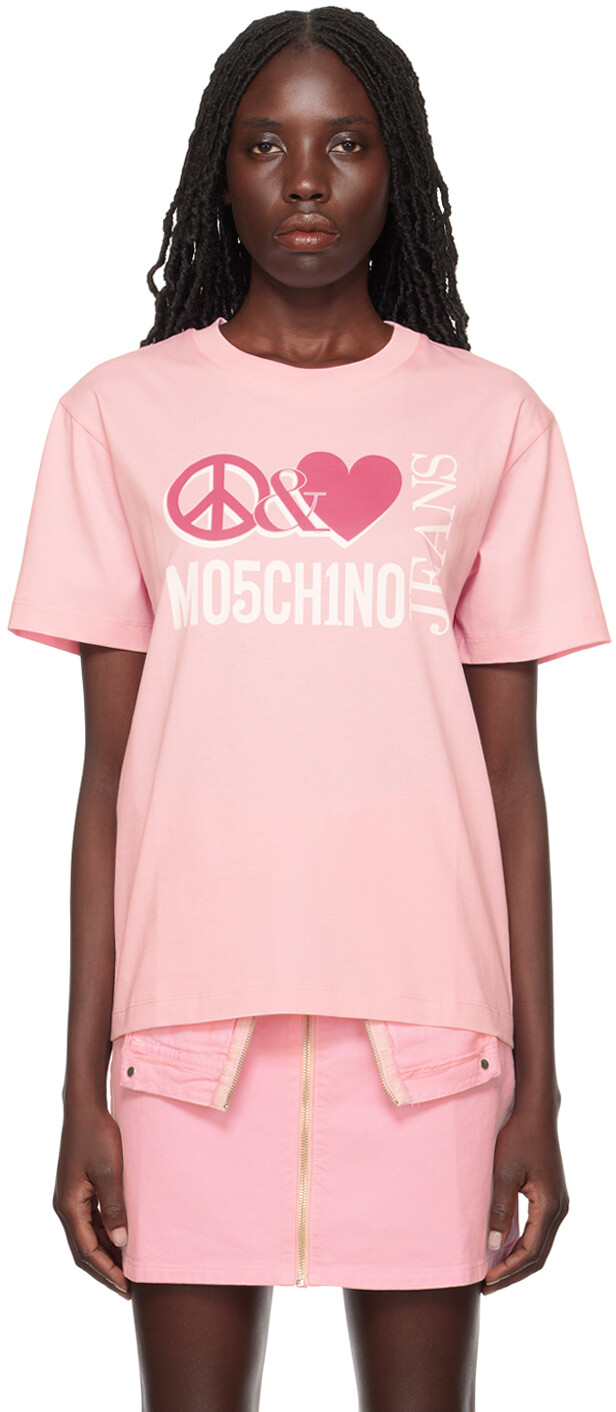 

Розовая футболка с надписью «Peace & Love» Moschino Jeans