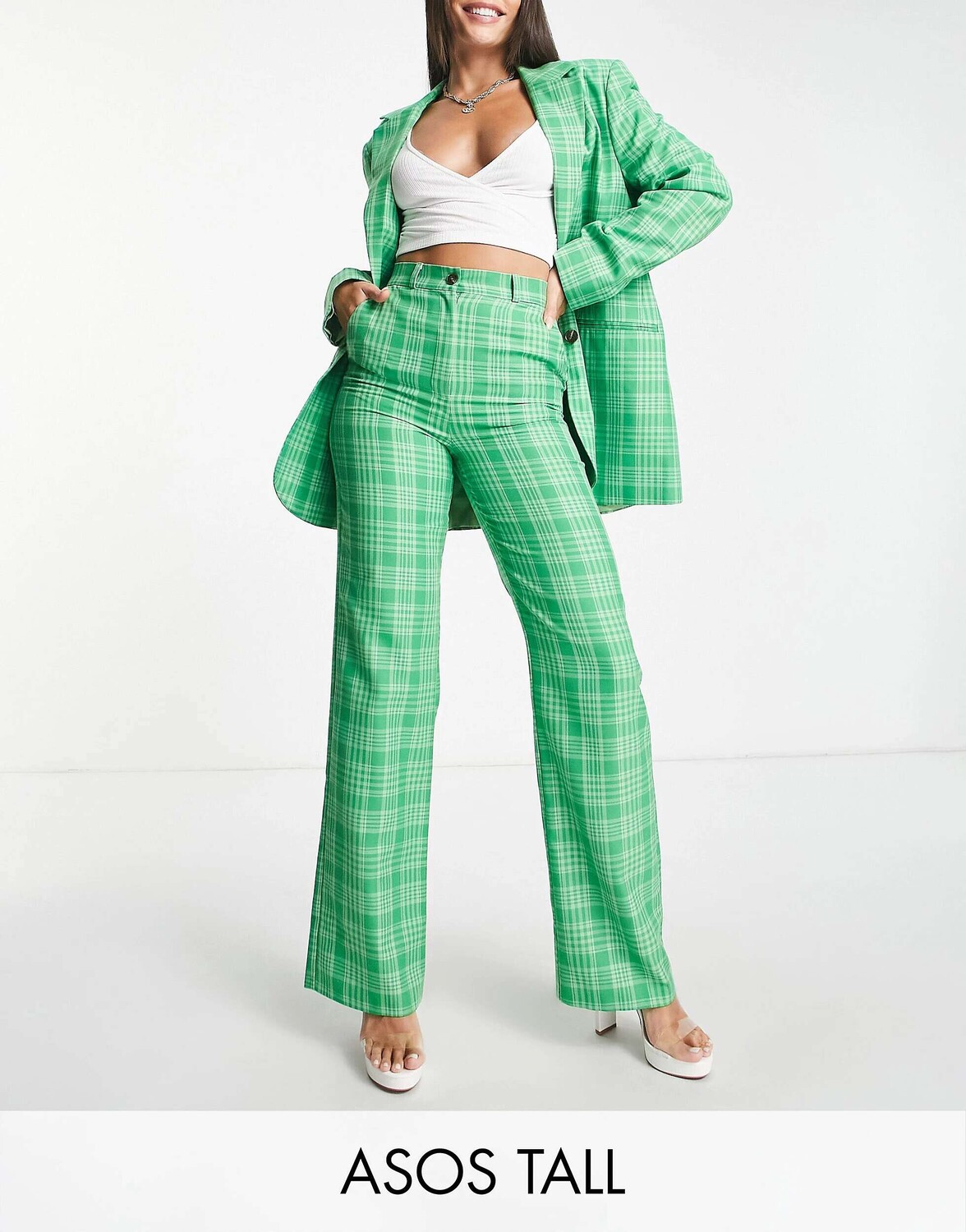 

Прямые брюки в зеленую клетку ASOS Tall, Зеленый