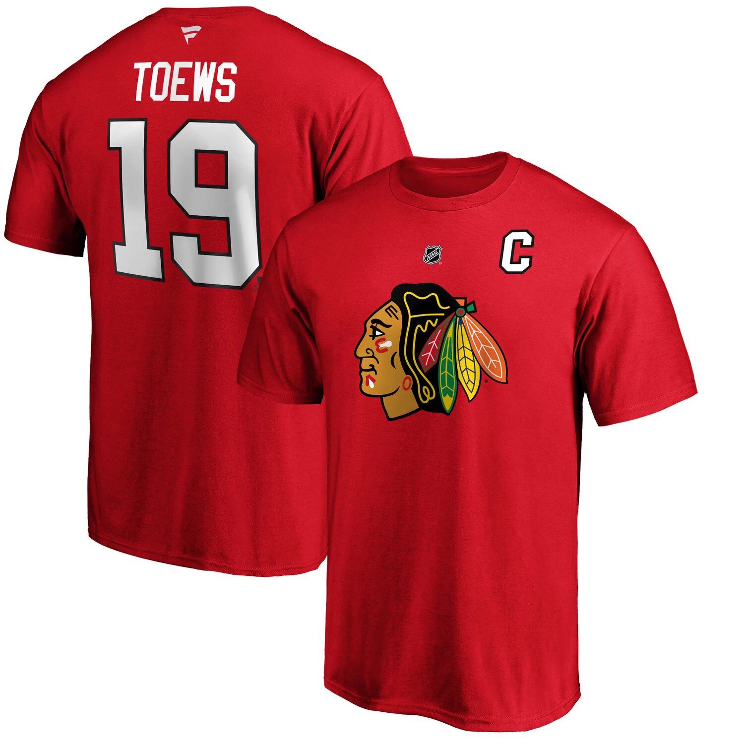 Мужская красная мужская футболка с именем и номером команды Chicago Blackhawks Jonathan Toews Team Fanatics