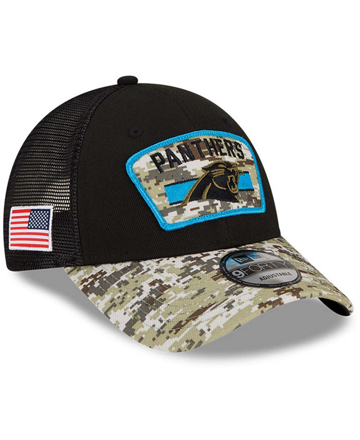 

Мужская черная камуфляжная регулируемая кепка Carolina Panthers 2021 Salute To Service Trucker 9FORTY Snapback New Era