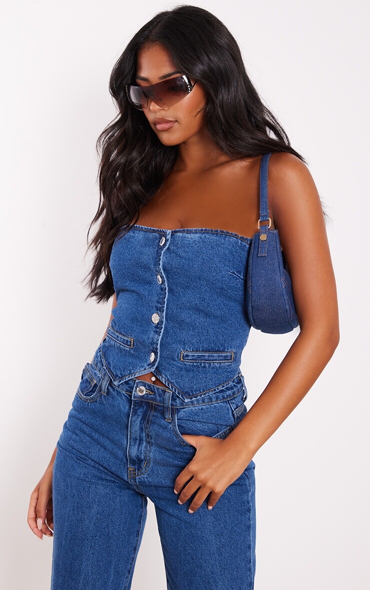 

PrettyLittleThing Высокий джинсовый корсет на пуговицах среднего синего цвета