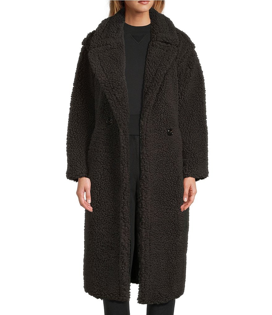 UGG Gertrume Длинное двубортное пальто Тедди с лацканами и вырезом, черный