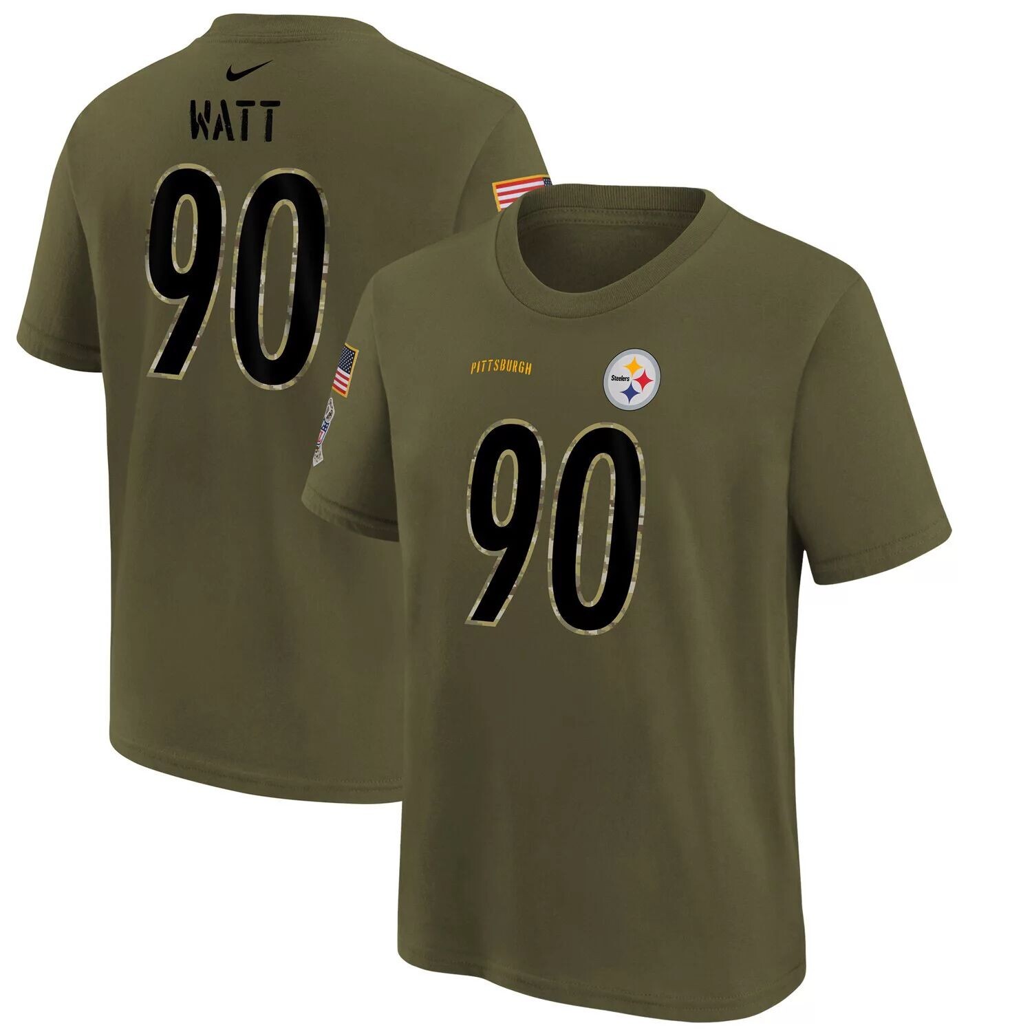

Молодежная футболка Nike Olive Pittsburgh Steelers 2022 Salute To Service с именем и номером Nike