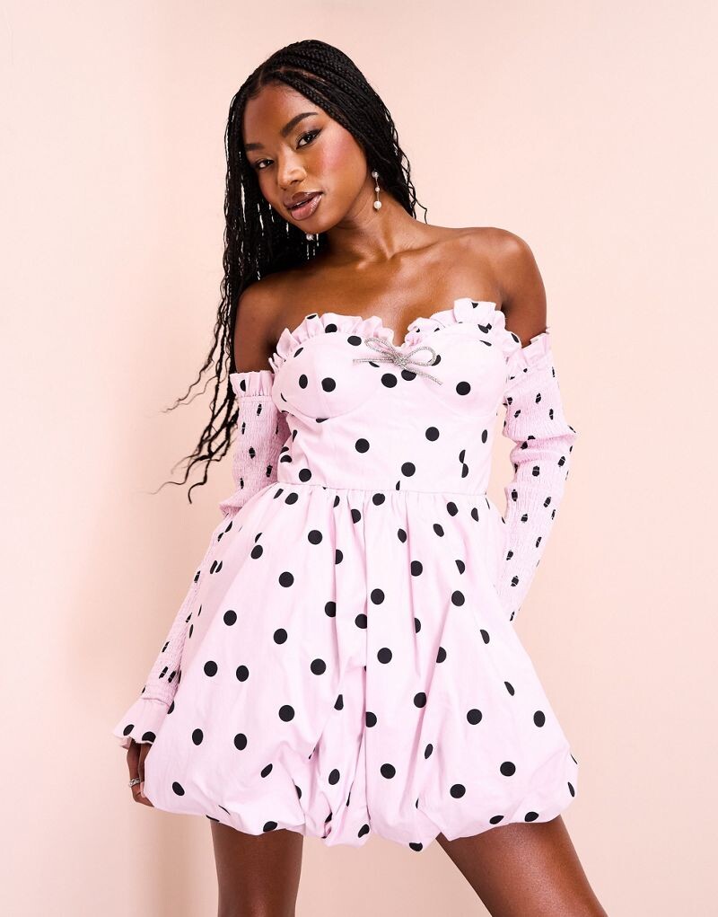 

Платье-бандо из хлопкового поплина ASOS LUXE с пышной юбкой и декорированным бантом в принт в горошек