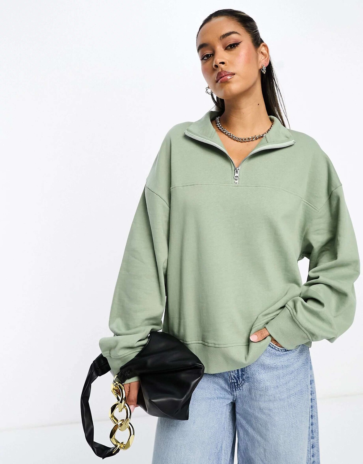 

Свитшот серо-зеленого цвета с полумолнией ASOS, Зеленый