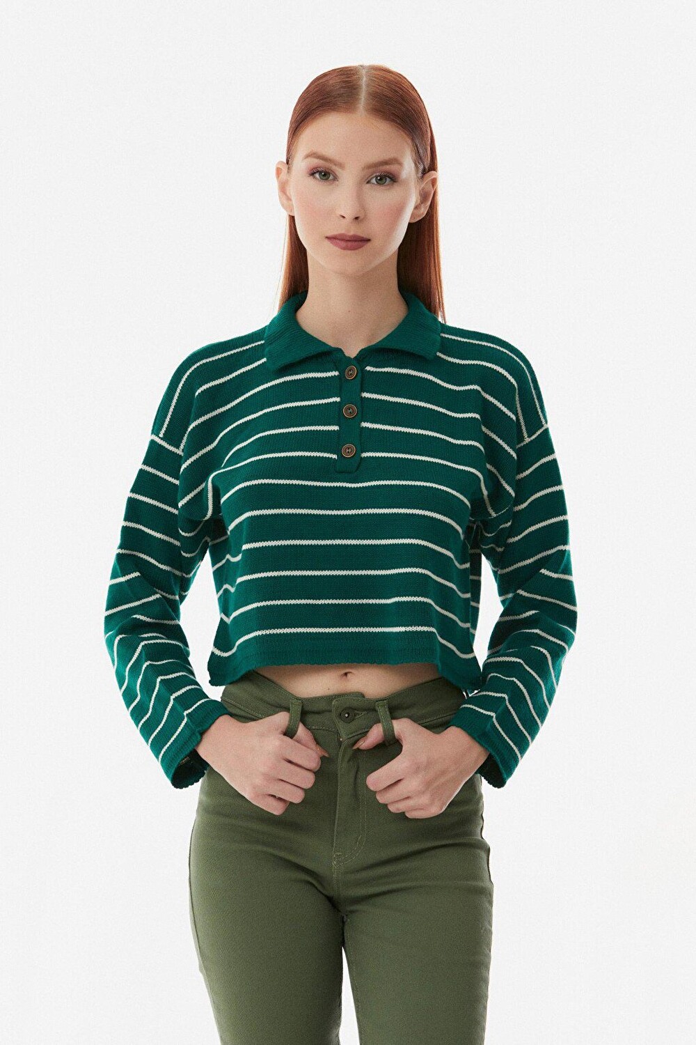 

Полосатый трикотажный свитер с воротником-поло Fullamoda, зеленый
