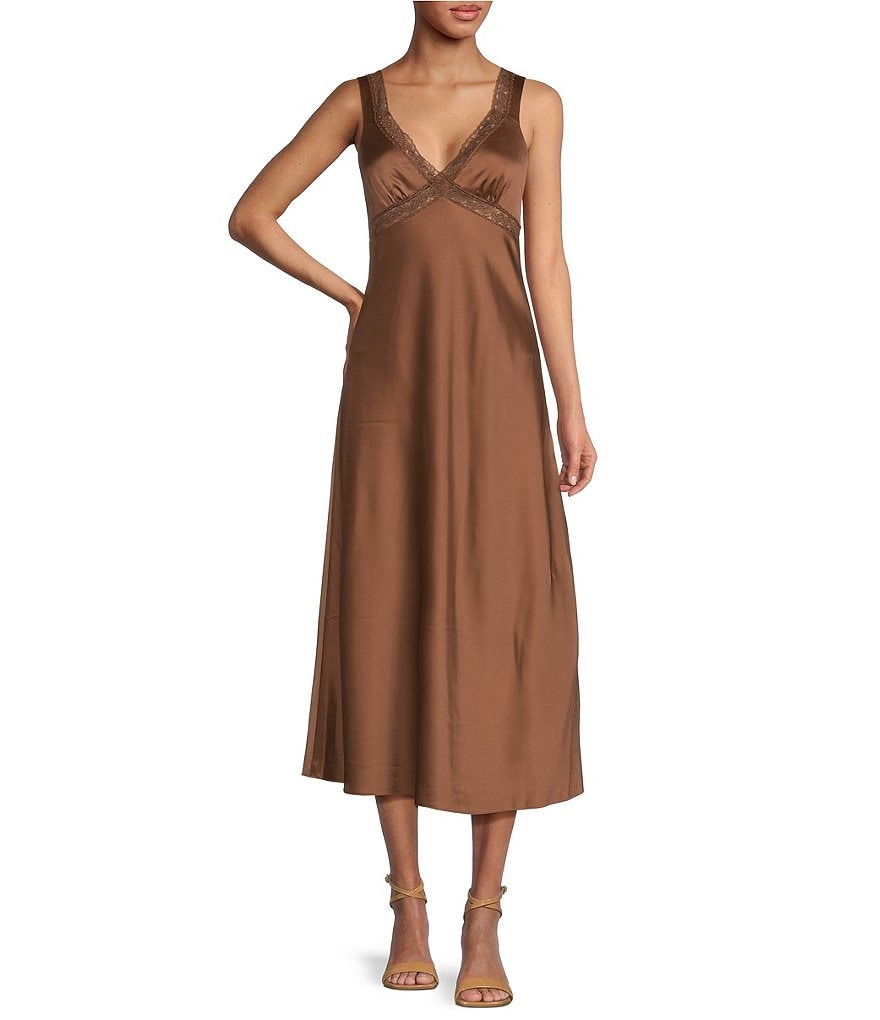 портмоне gianni conti коричневый Gianni Bini Кружевное платье-комбинация миди без рукавов из акации с v-образным вырезом, коричневый
