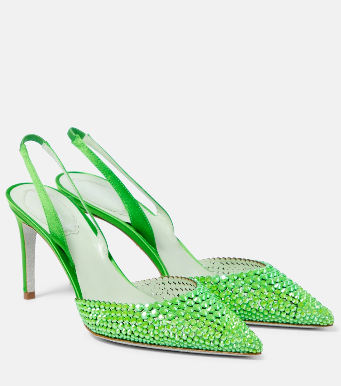 Украшенные атласные туфли с пяткой на пятке Rene Caovilla, зеленый пряжа alpina rene 10 шт в упак цвет зеленый rene 156