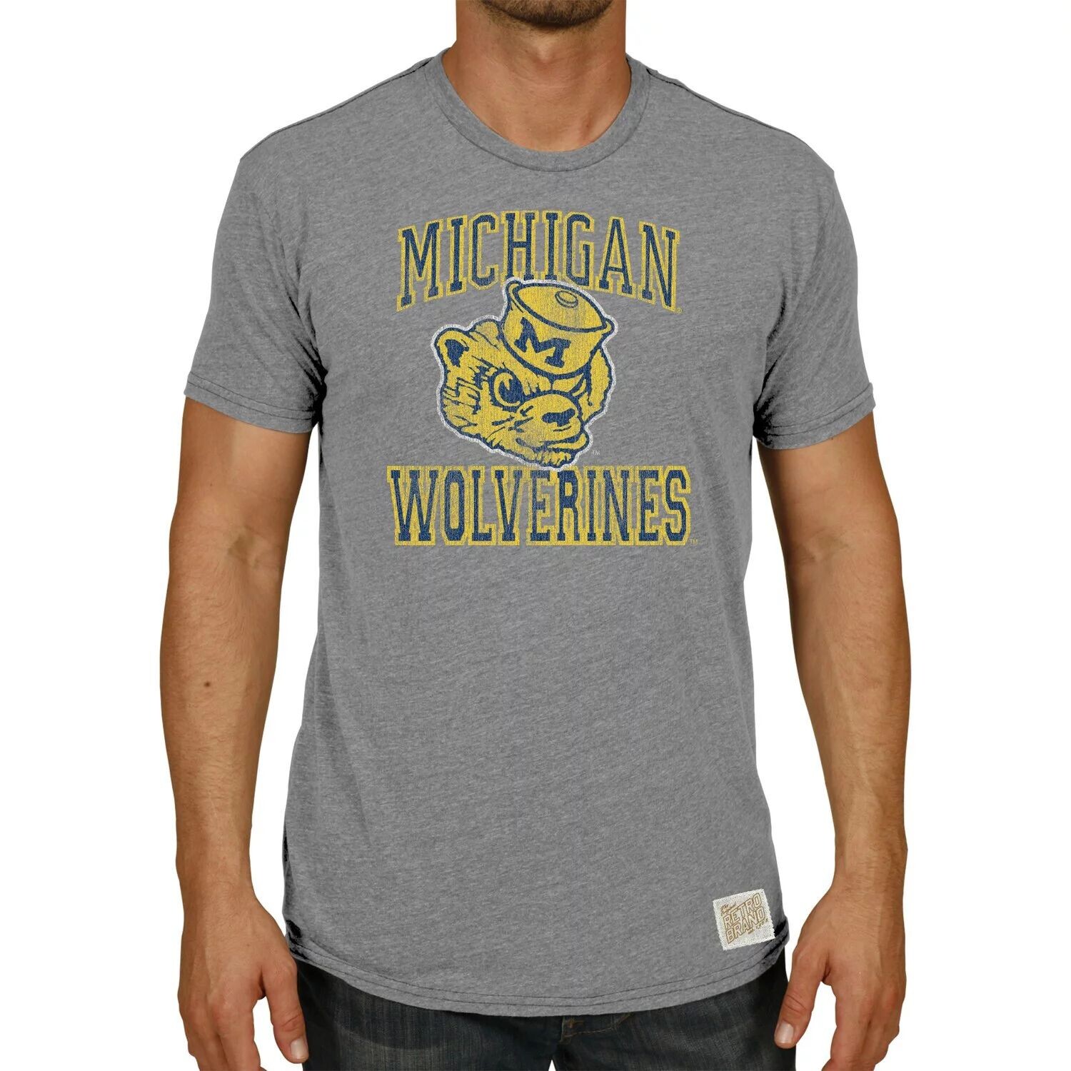 

Мужская оригинальная ретро брендовая футболка Heather Grey Michigan Wolverines Vintage Wolverbear Tri-Blend
