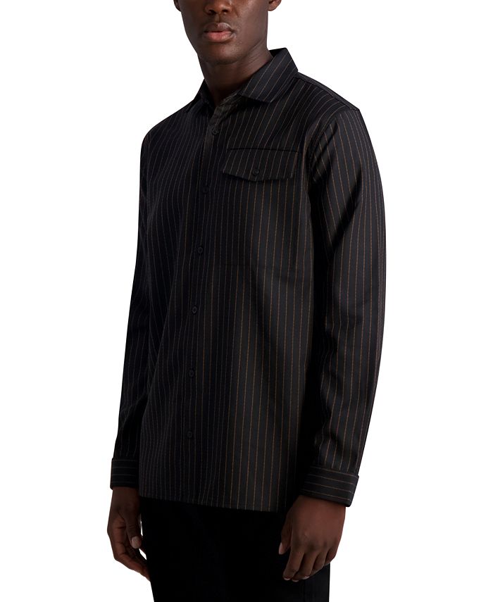 Мужская куртка-рубашка оверсайз в полоску с текстурированным длинным рукавом и нагрудным карманом KARL LAGERFELD PARIS, черный мужская пуховая куртка с капюшоном karl lagerfeld paris синий