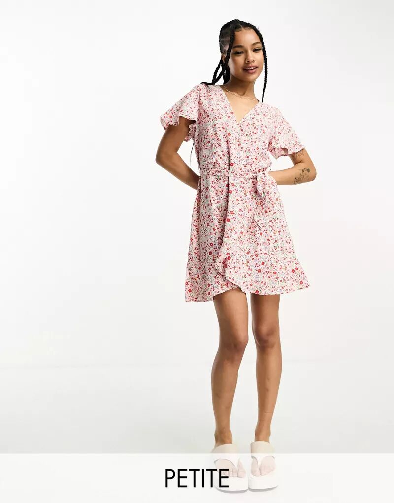JDY Petite красно-розовое мини-платье с поясом и цветочным принтом