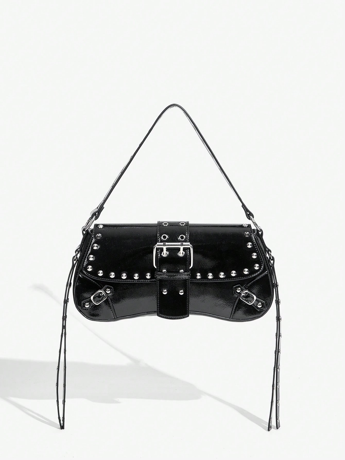 цена SHEIN SXY Женская модная простая черная сумка через плечо с заклепками, черный