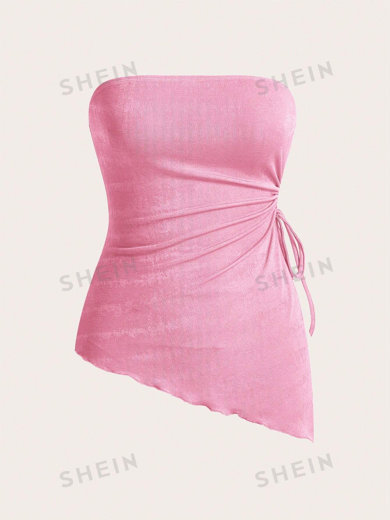 SHEIN MOD Вязаный женский асимметричный топ-бандо с завязками по бокам и неровным подолом, розовый легкий трикотажный топ pieces кремового цвета со сборкой по краю