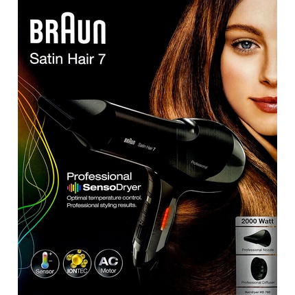 Фен Satin Hair 7 Iontec Sensodryer с диффузором, 2000 Вт, черный, Braun фен satin hair 7 iontec sensodryer с диффузором 2000 вт черный braun
