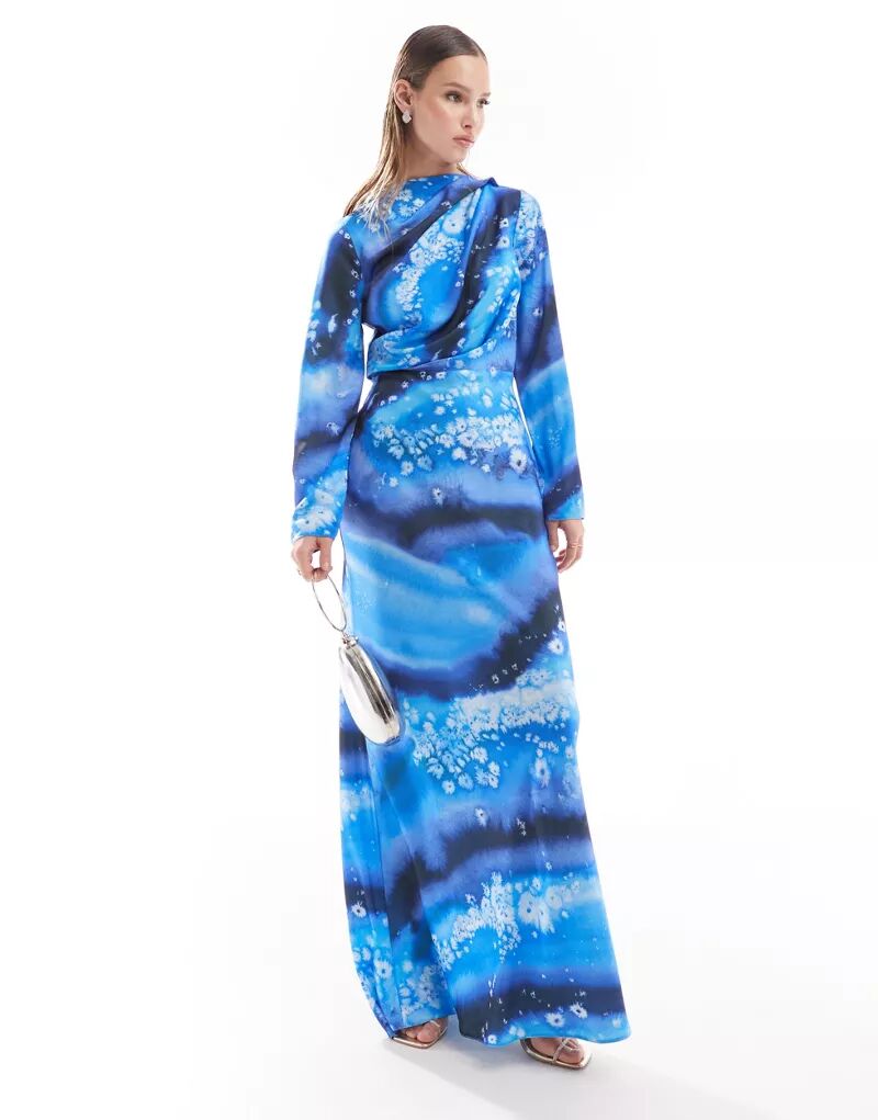 Атласное платье макси синего цвета с драпировкой на лифе и пуговицами на плечах ASOS