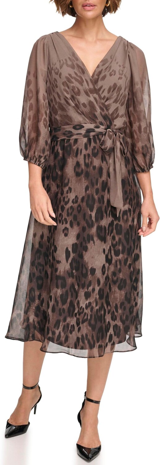 

Платье с искусственным запахом и рукавами-фонариками DKNY, цвет Brown Multi