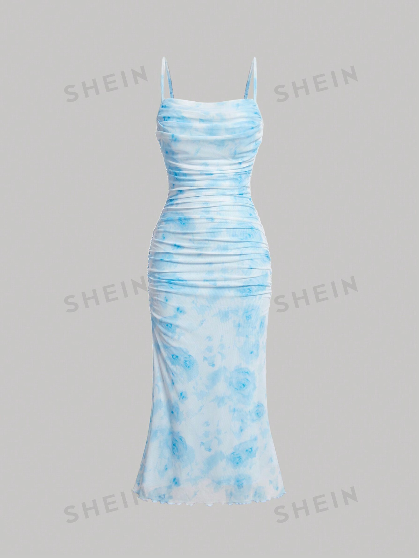 SHEIN MOD Плиссированное платье-комбинация с цветочным принтом и рюшами по подолу, синий