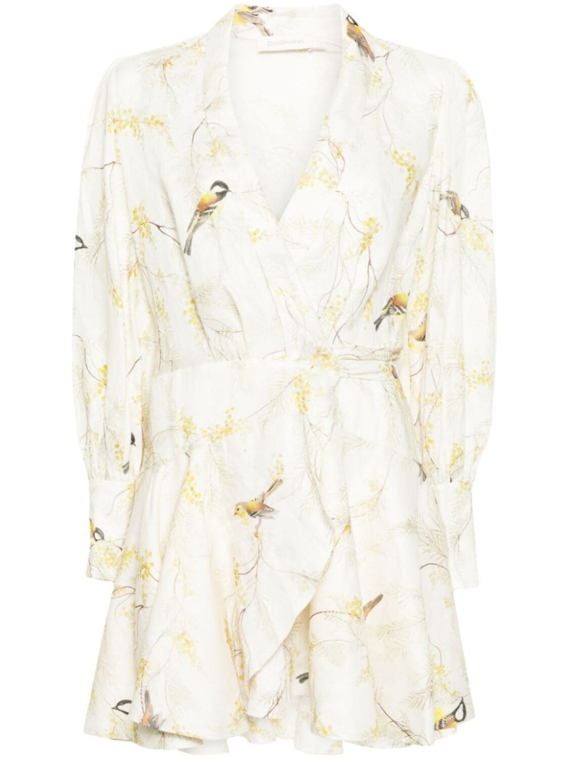 

ZIMMERMANN платье мини с запахом и принтом Acacia Birds, нейтральный цвет