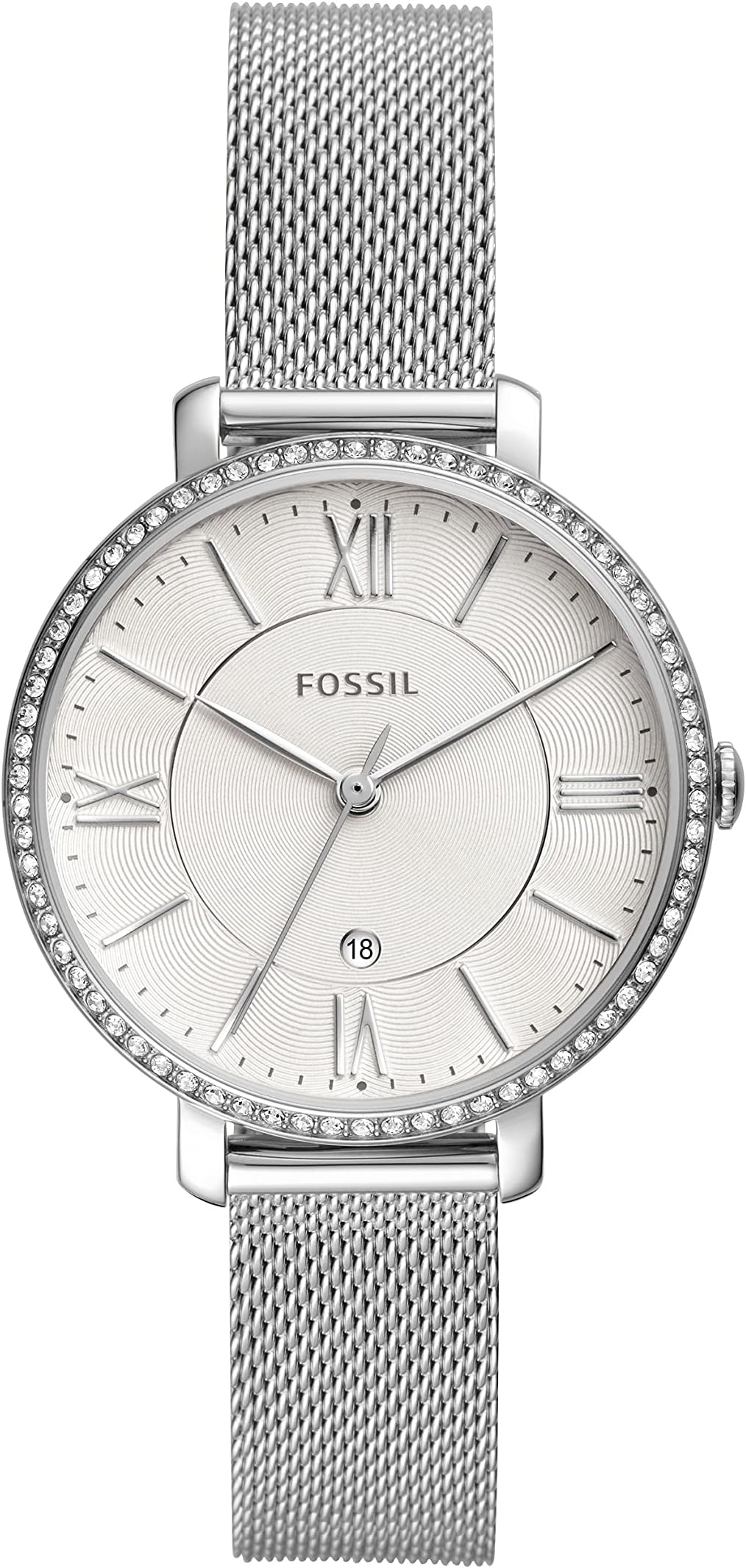 

Часы Jacqueline Three-Hand Stainless Steel Watch Fossil, цвет ES4627 Silver Glitz Stainless Steel Mesh