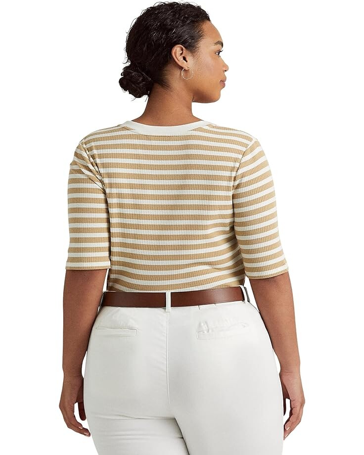

Свитер LAUREN Ralph Lauren Plus Size Striped Cotton-Blend Henley Tee, цвет Birch Tan/Mascarpone Cream