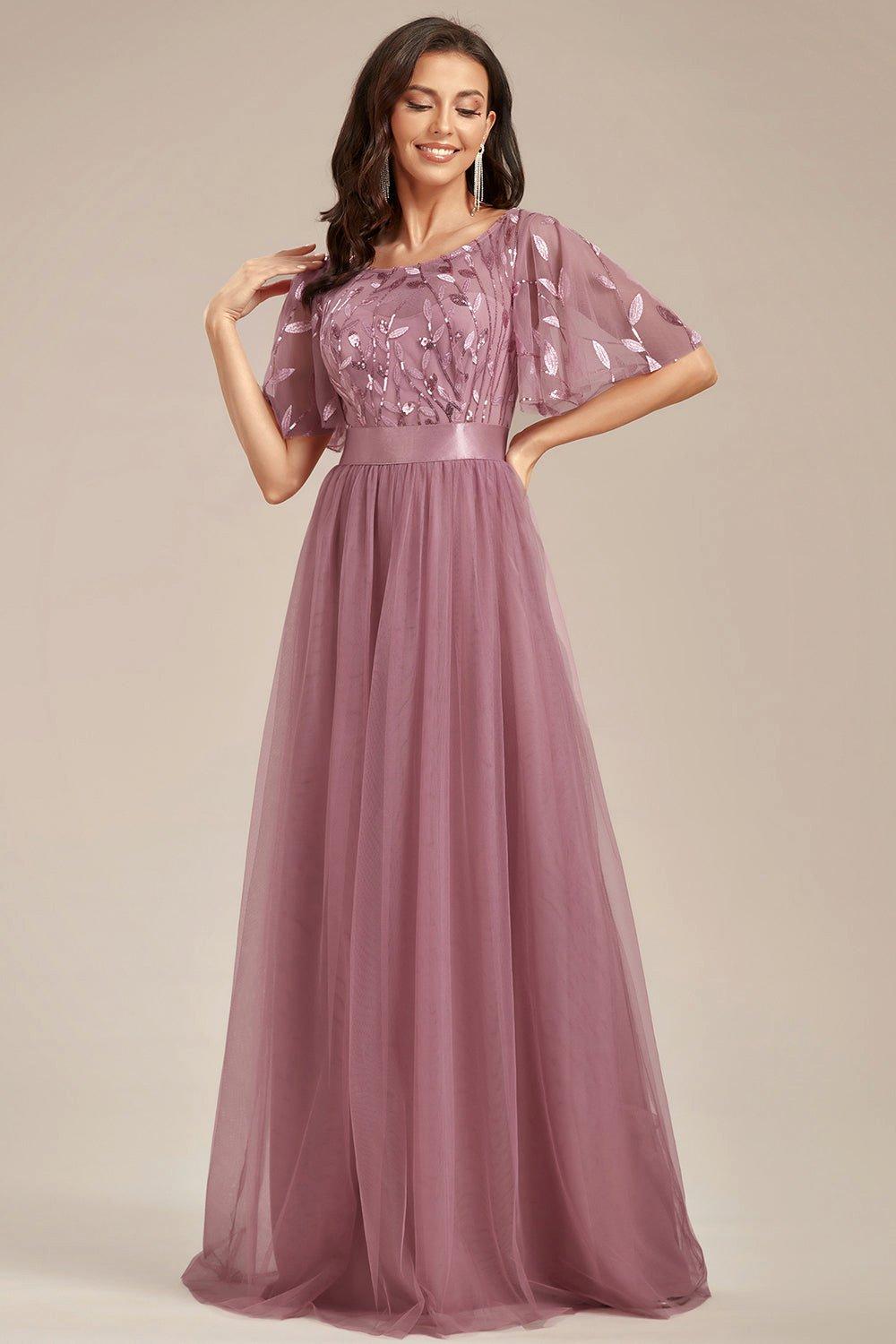 Женские трапециевидные платья с короткими рукавами и вышивкой длиной до пола, свадебные платья для гостей Ever Pretty, розовый свадебное платье