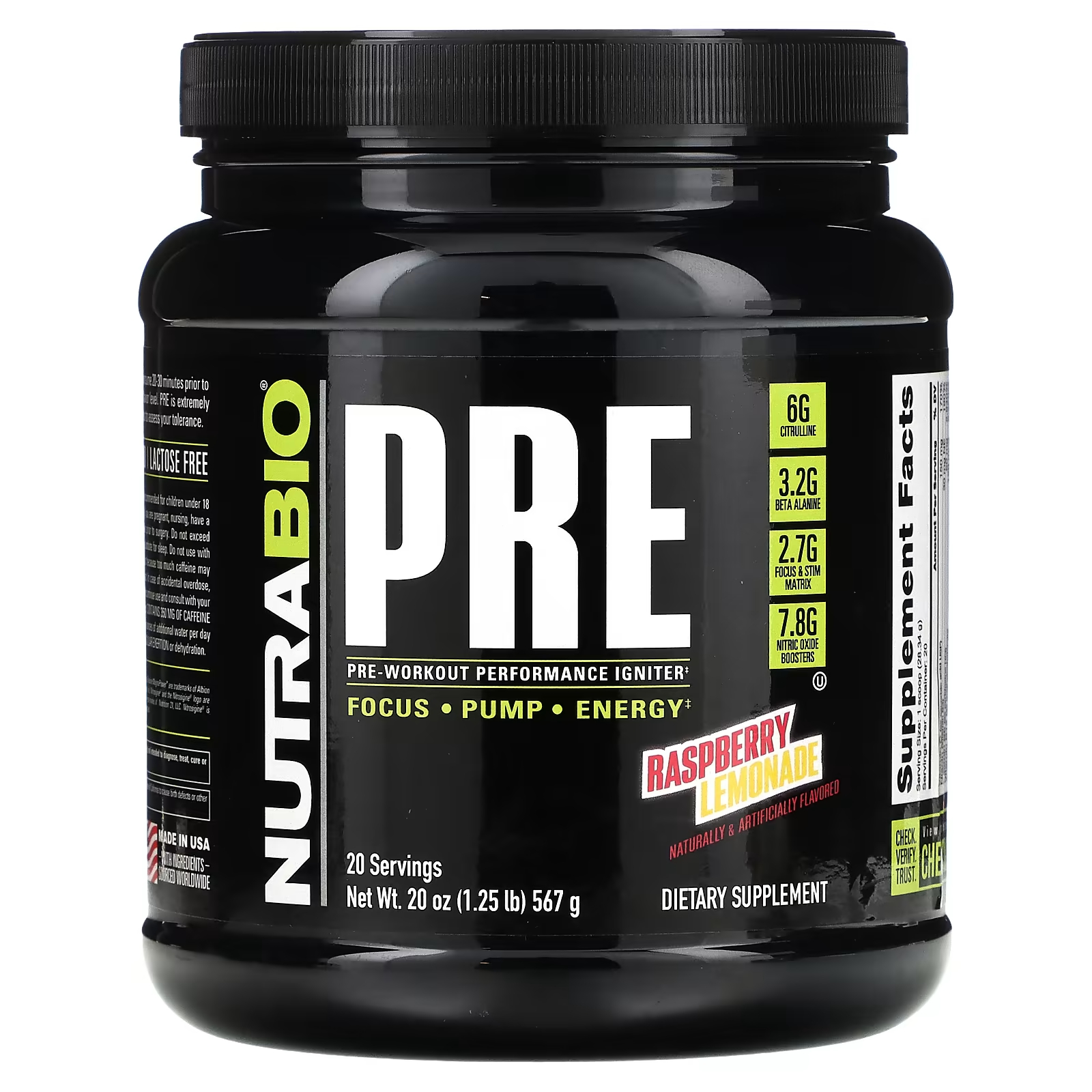 NutraBio PRE-Workout Performance Igniter малиновый лимонад 567 г (1,25 фунта) nutrabio labs pre workout performance igniter с синей малиной 573 г 1 26 фунта