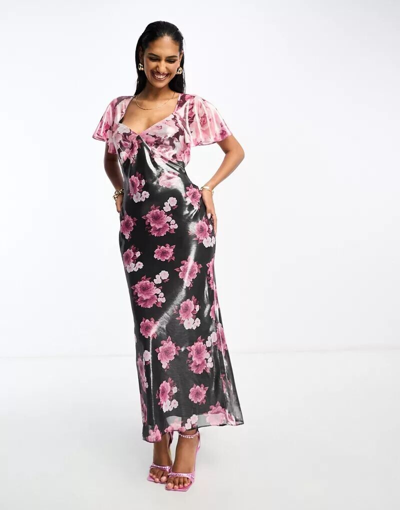 

Повседневное платье миди с цветочным принтом и эффектом металлик ASOS Design с развевающимися рукавами и завязкой на спине