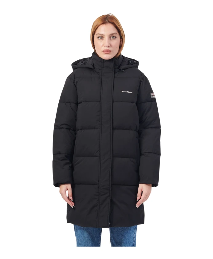 Стеганое пальто с капюшоном Guess, черный