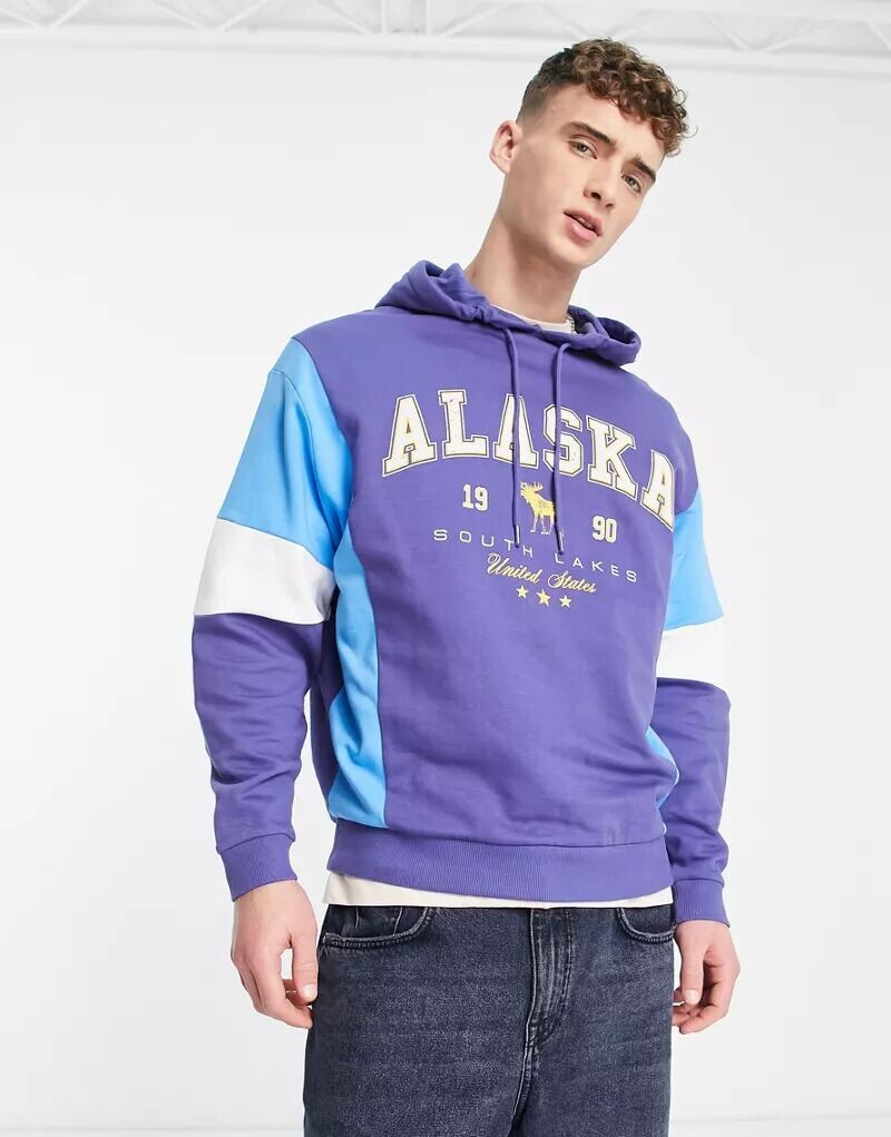 

Толстовка оверсайз сине-белого цвета с городским принтом ASOS Design