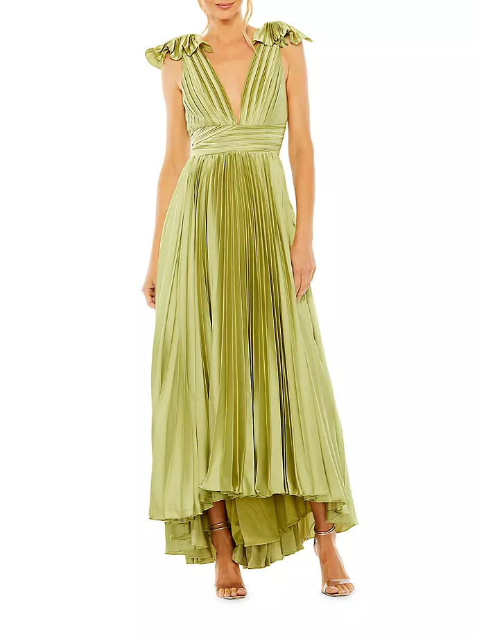 Плиссированное платье асимметричного кроя с оборками Mac Duggal, цвет apple green